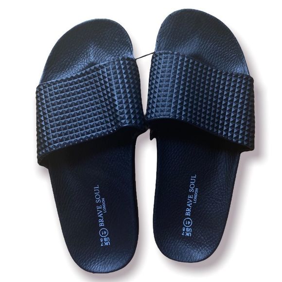 Brave Soul: Black Faux Leather Slides - Picture 2 of 5